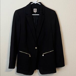 Anne Klein Black Blazer Jacket w/ Logo Zipper pockets V-Neckline - Size 8
